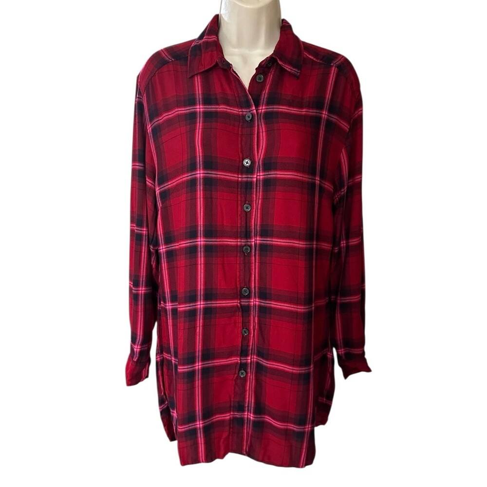 L.O.G.G. H&M Women's Button Down Flannel Shirt 100% Viscose Size 4 Red Plaid